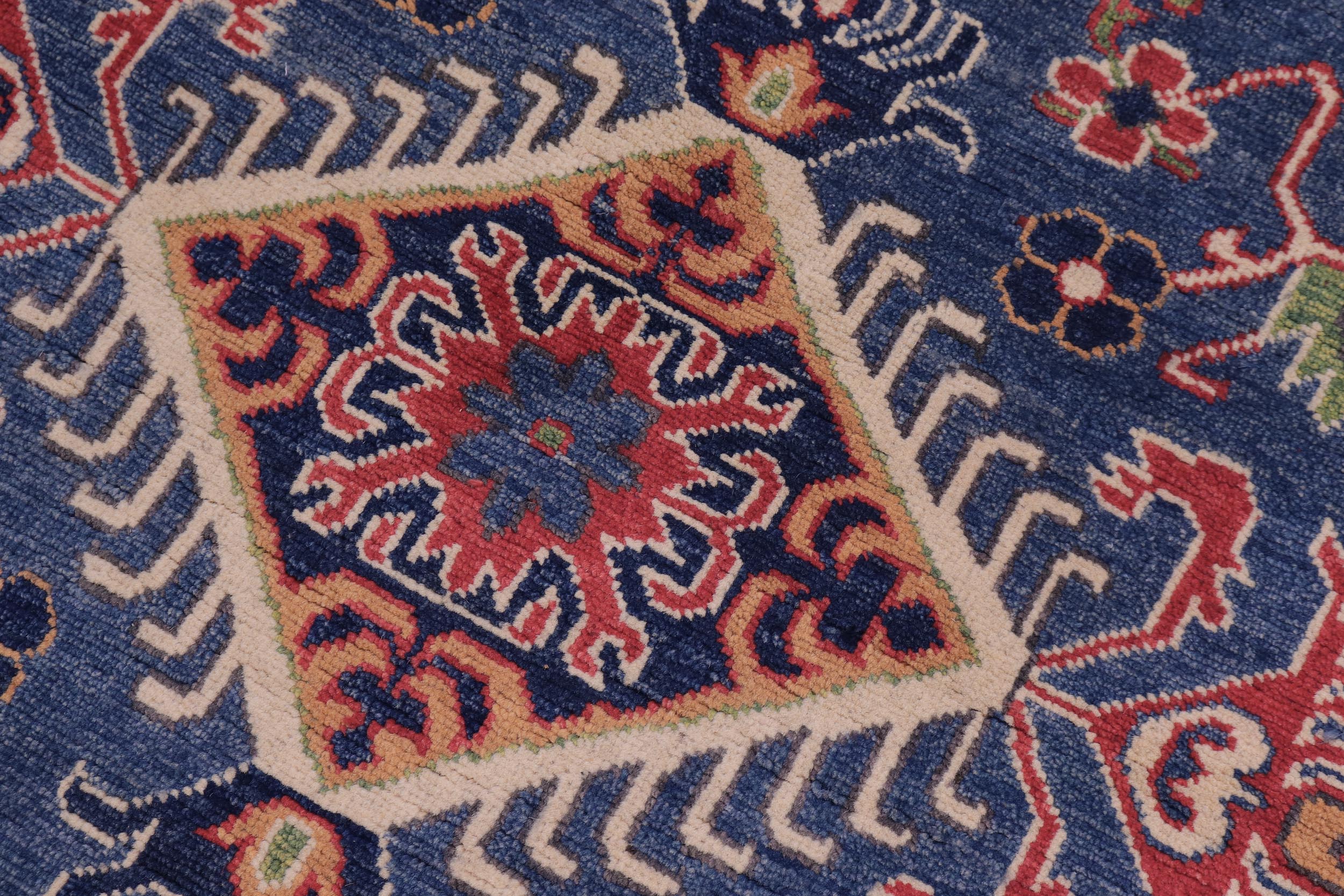 handmade Geometric Kazak Blue Ivory Hand Knotted ROUND 100% WOOL area rug 5x5