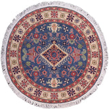 Southwestern Kazak Smoot Blue/Ivory Wool Round - 4'10'' x 4'10''
