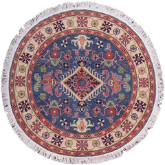 handmade Geometric Kazak Blue Ivory Hand Knotted ROUND 100% WOOL area rug 5x5