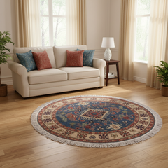 Southwestern Kazak Smoot Blue/Ivory Wool Round - 4'10''X4'10''