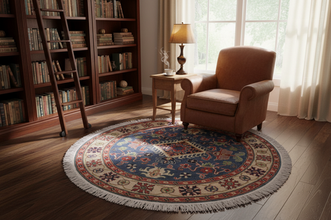 handmade Geometric Kazak Blue Ivory Hand Knotted ROUND 100% WOOL area rug 5x5