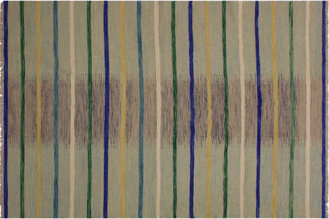 handmade Modern Kilim Grey Blue Hand-Woven RECTANGLE 100% WOOL area rug 6x8