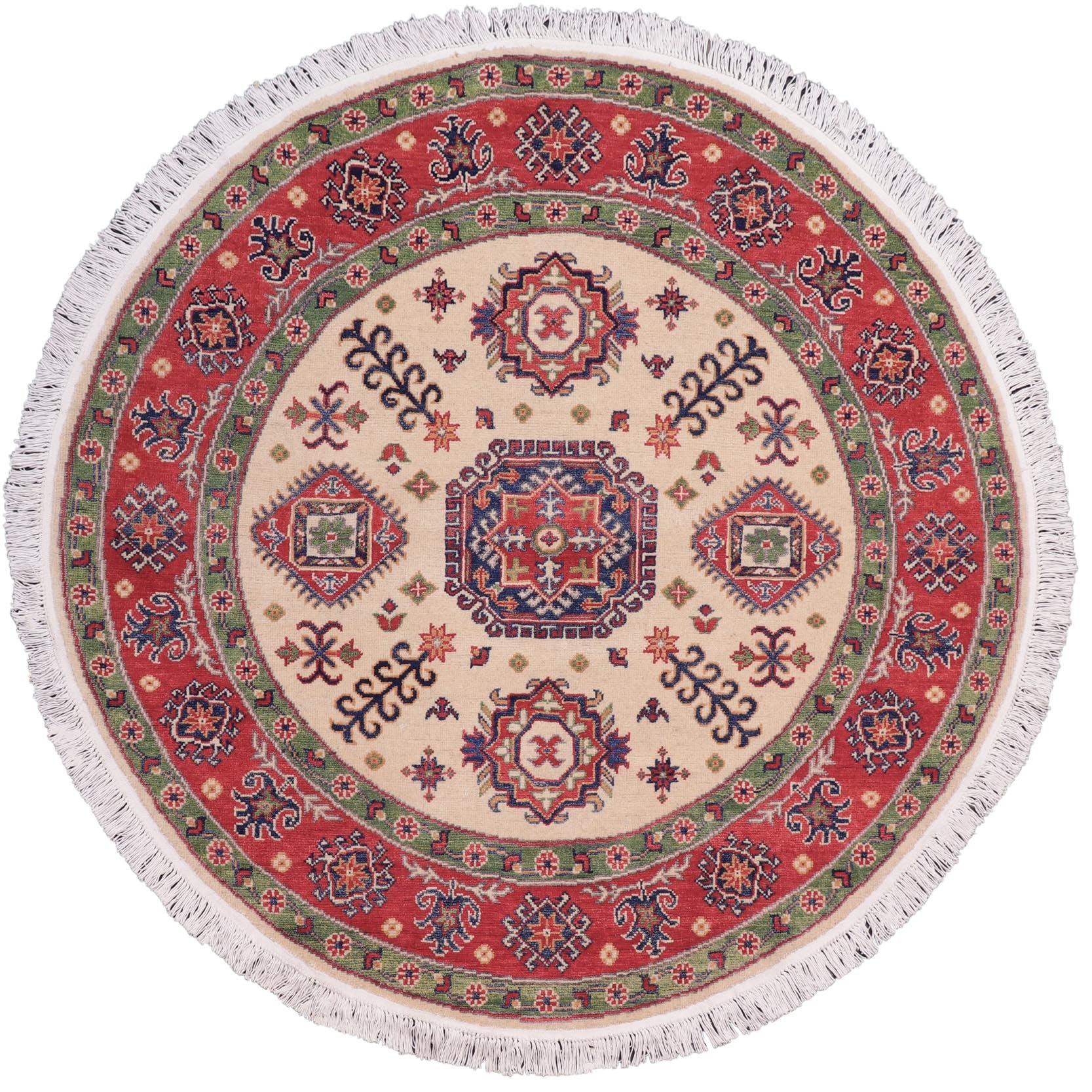 handmade Geometric Kazak Ivory Red Hand Knotted ROUND 100% WOOL area rug 5x5
