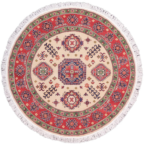 Tribal Kazak Smyth Ivory/Red Wool Round - 4'9''X4'11''
