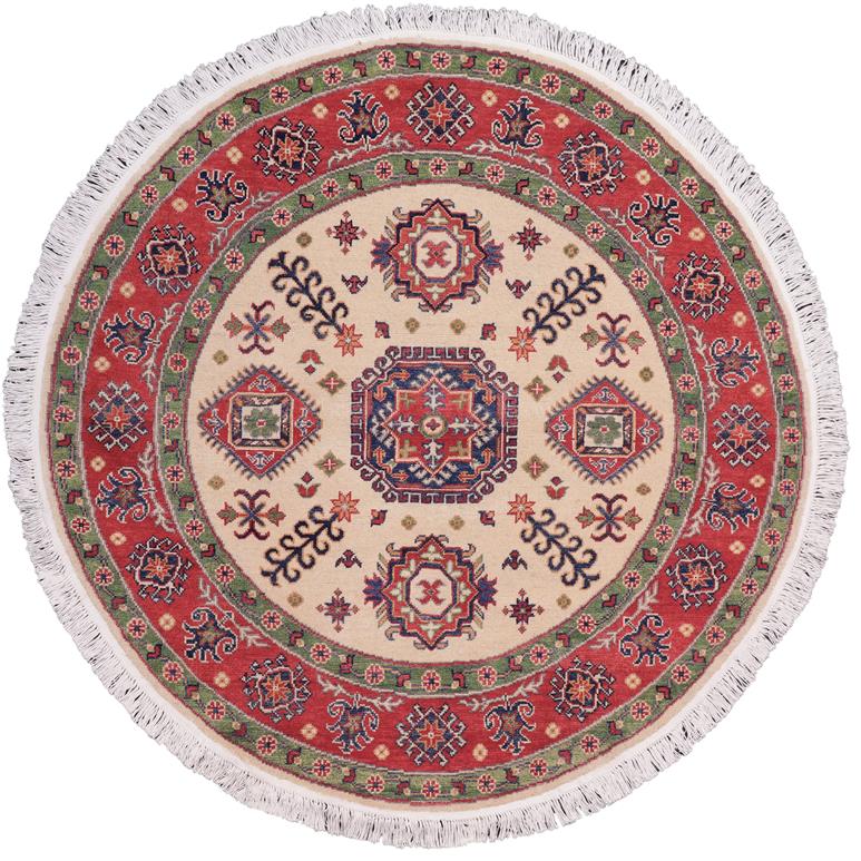 handmade Geometric Kazak Ivory Red Hand Knotted ROUND 100% WOOL area rug 5x5