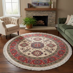 Tribal Kazak Smyth Ivory/Red Wool Round - 4'9''X4'11''