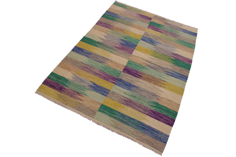 handmade Modern Kilim Ivory Purple Hand-Woven RECTANGLE 100% WOOL area rug 6x8