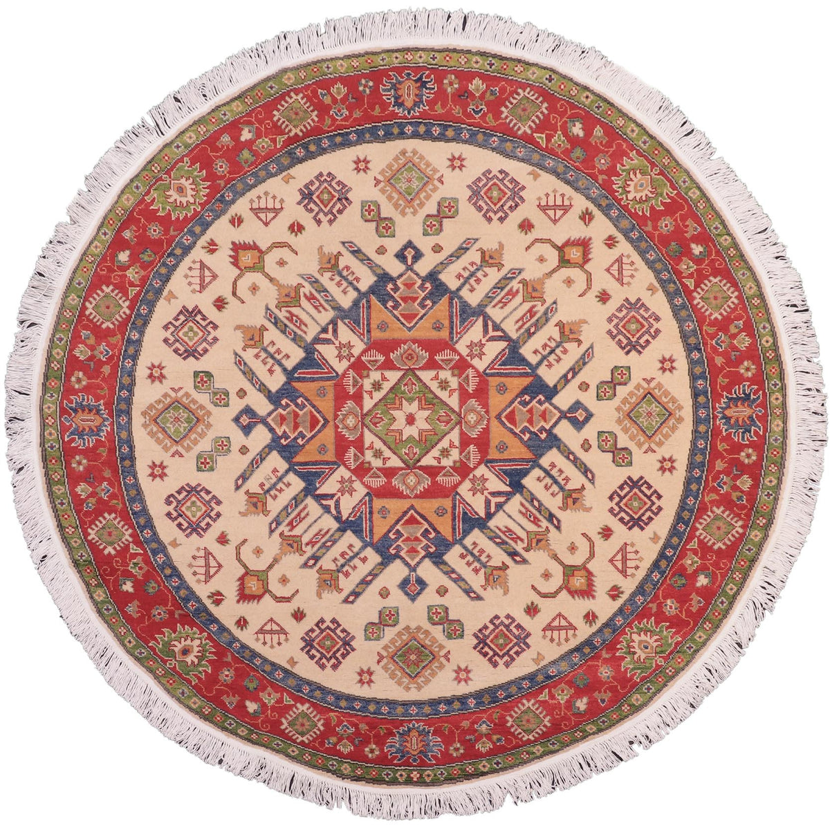 handmade Geometric Kazak Ivory Red Hand Knotted ROUND 100% WOOL area rug 6x6