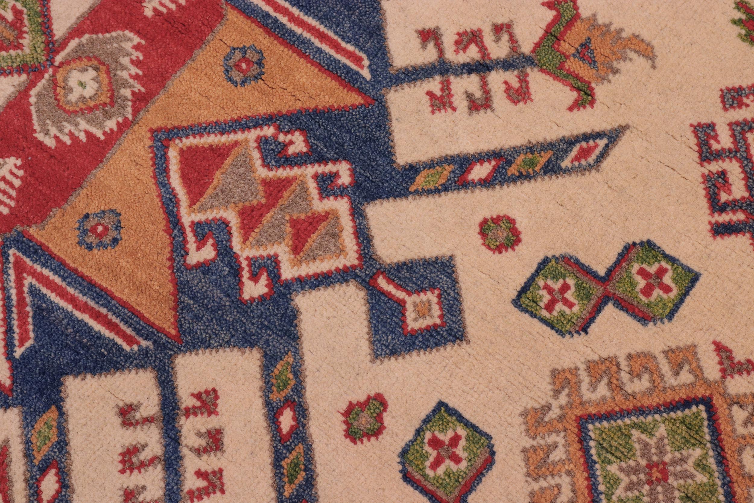 handmade Geometric Kazak Ivory Red Hand Knotted ROUND 100% WOOL area rug 6x6