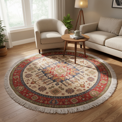 Rustic Kazak Snider Ivory/Red Wool Round - 6'5''X6'6''