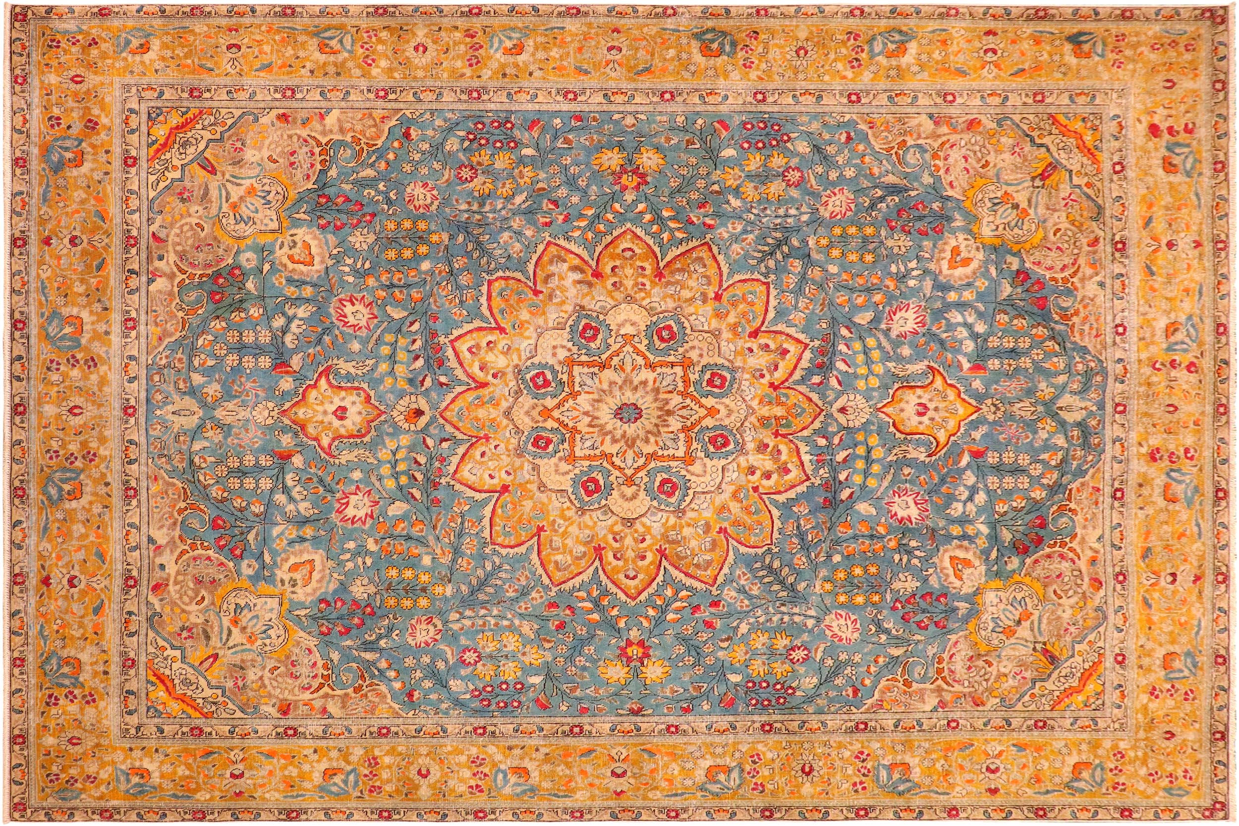 handmade Vintage Hand Painte Blue Yellow Hand Knotted RECTANGLE 100% WOOL area rug 10' x 12'