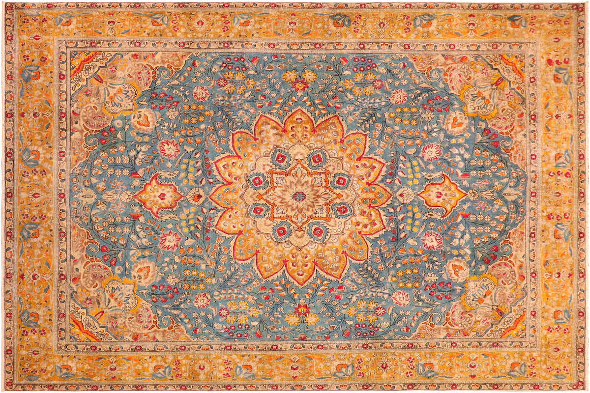 handmade Vintage Hand Painte Blue Yellow Hand Knotted RECTANGLE 100% WOOL area rug 10' x 12'