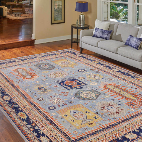 handmade Geometric Kafkaz Lt. Blue Tan Hand Knotted RECTANGLE 100% WOOL area rug 9' x 12'