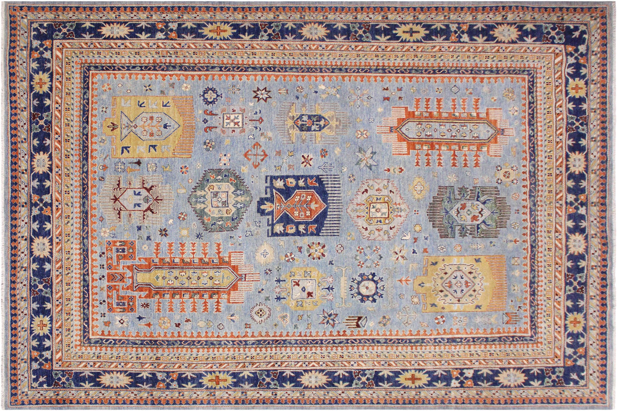 handmade Geometric Kafkaz Lt. Blue Tan Hand Knotted RECTANGLE 100% WOOL area rug 9' x 12'