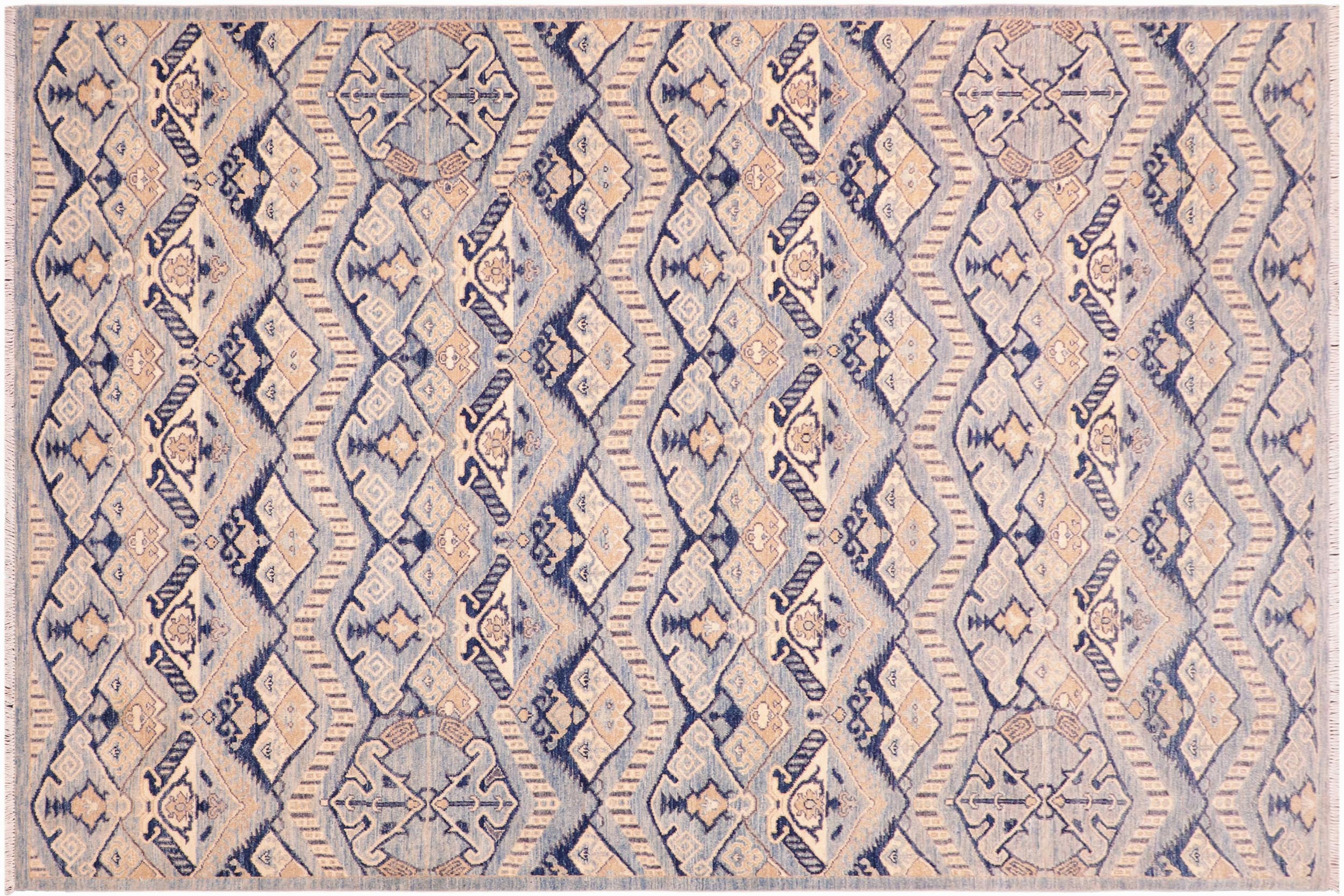 handmade Modern Kafkaz Blue Beige Hand Knotted RECTANGLE 100% WOOL area rug 6' x 9'