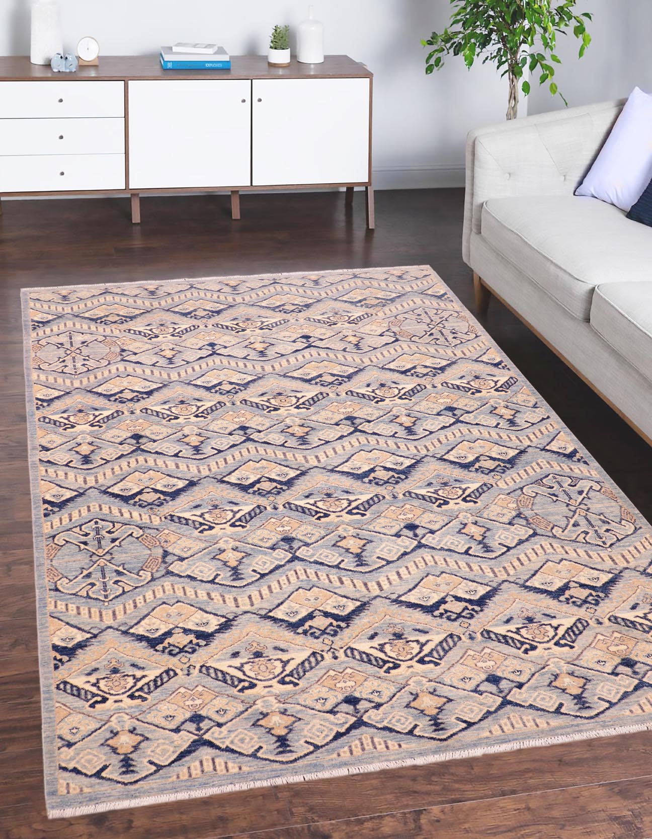 handmade Modern Kafkaz Blue Beige Hand Knotted RECTANGLE 100% WOOL area rug 6' x 9'