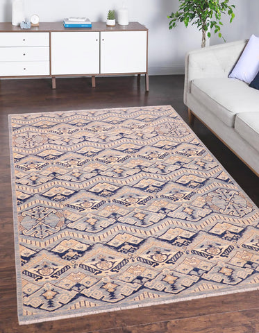 handmade Modern Kafkaz Blue Beige Hand Knotted RECTANGLE 100% WOOL area rug 6' x 9'