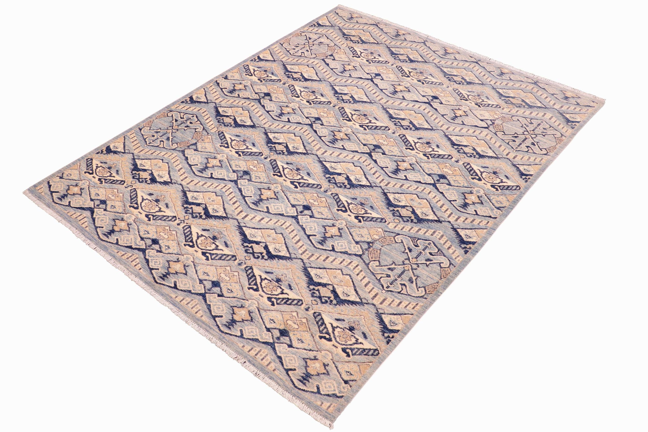 handmade Modern Kafkaz Blue Beige Hand Knotted RECTANGLE 100% WOOL area rug 6' x 9'