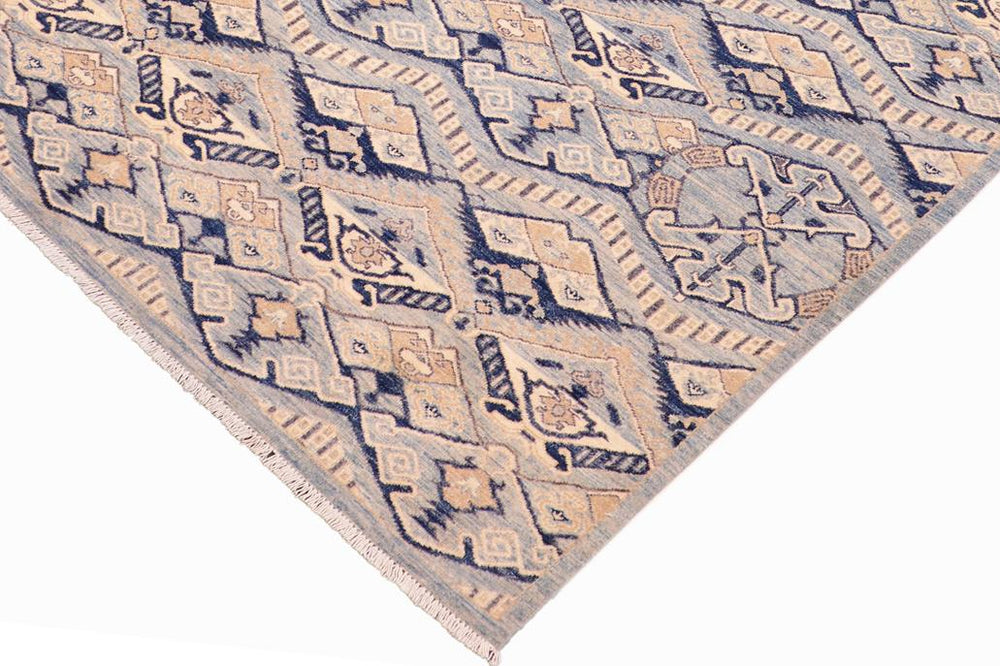 handmade Modern Kafkaz Blue Beige Hand Knotted RECTANGLE 100% WOOL area rug 6X9