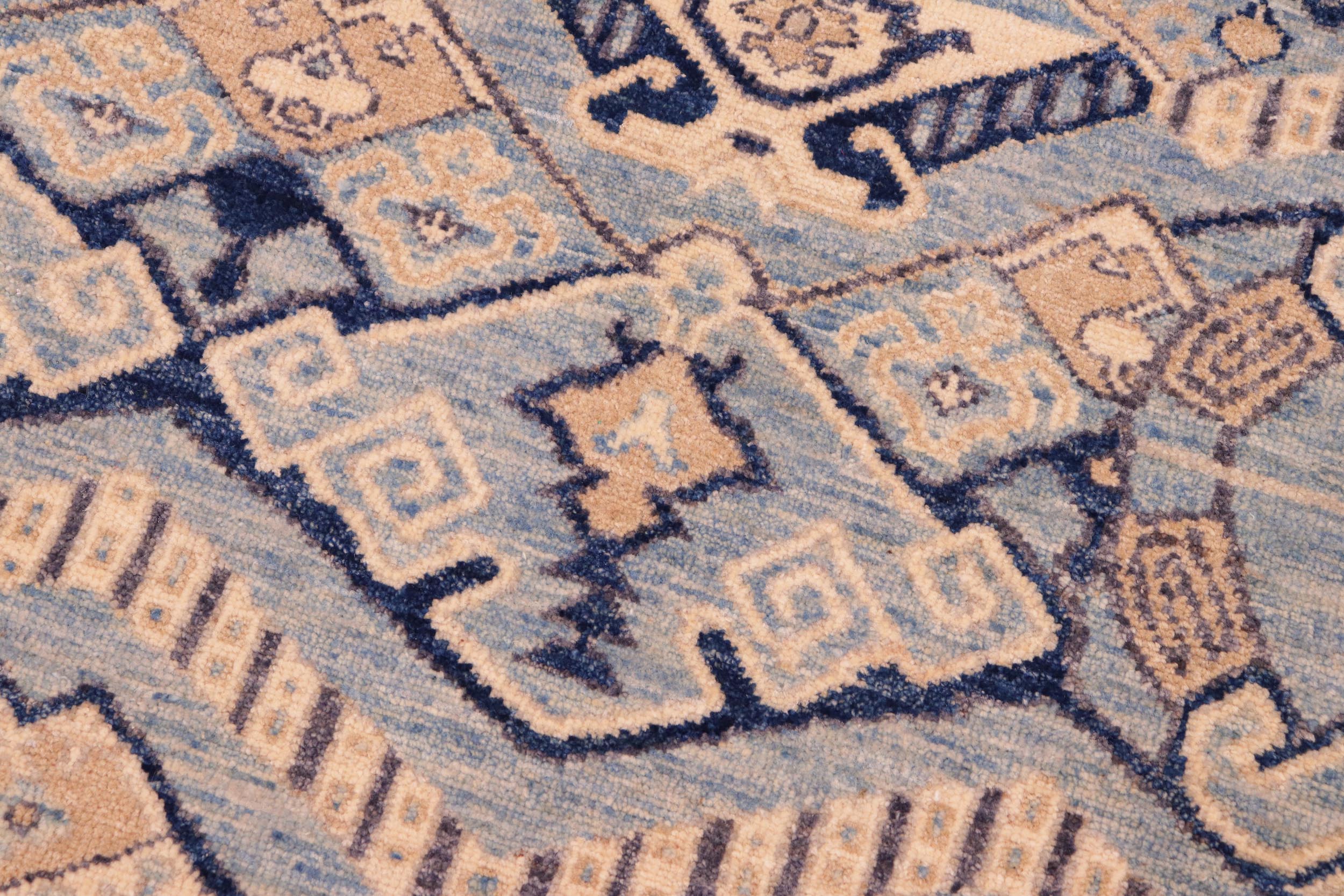 handmade Modern Kafkaz Blue Beige Hand Knotted RECTANGLE 100% WOOL area rug 6' x 9'