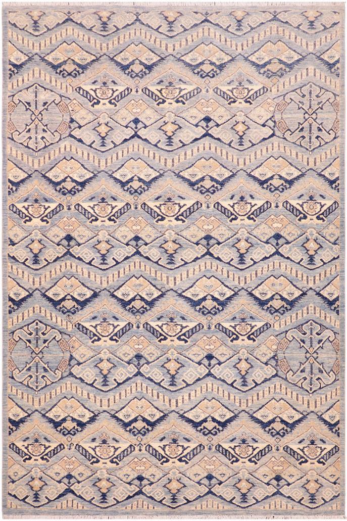 handmade Modern Kafkaz Blue Beige Hand Knotted RECTANGLE 100% WOOL area rug 6X9