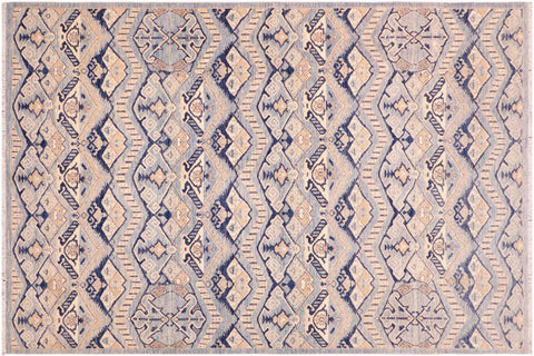 handmade Modern Kafkaz Blue Beige Hand Knotted RECTANGLE 100% WOOL area rug 6' x 9'