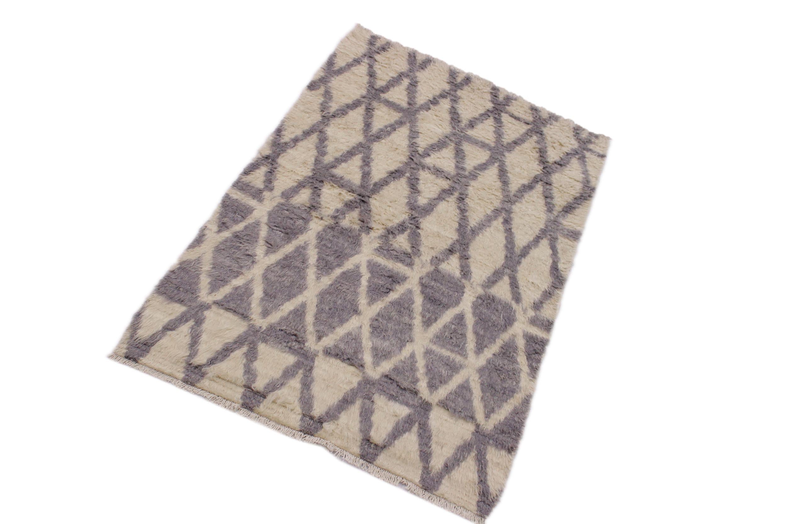 handmade Geometric Moroccan Ivory Grey Hand Knotted RECTANGLE 100% WOOL area rug 4' x 6'