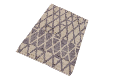 handmade Geometric Moroccan Ivory Grey Hand Knotted RECTANGLE 100% WOOL area rug 4' x 6'
