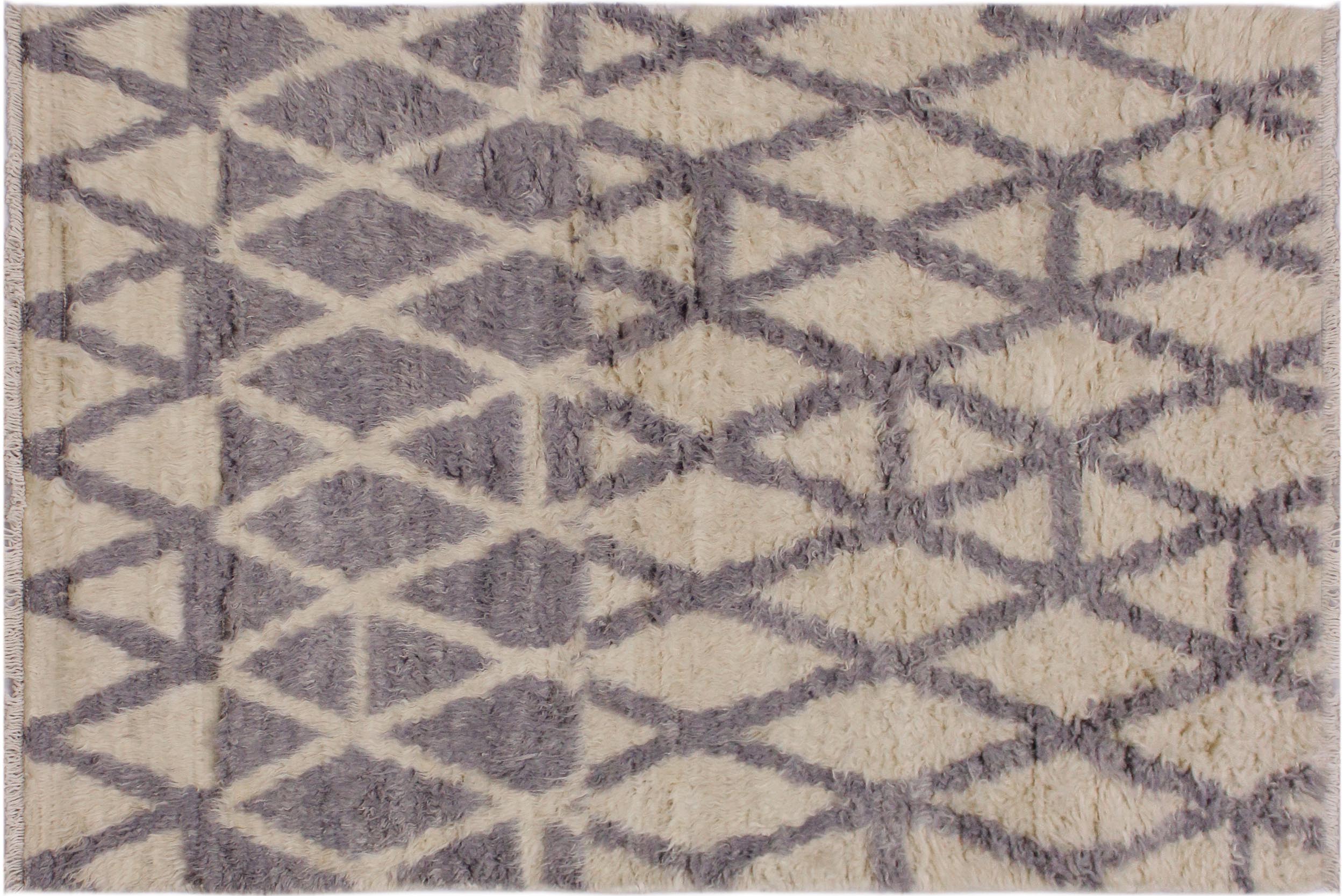handmade Geometric Moroccan Ivory Grey Hand Knotted RECTANGLE 100% WOOL area rug 4' x 6'