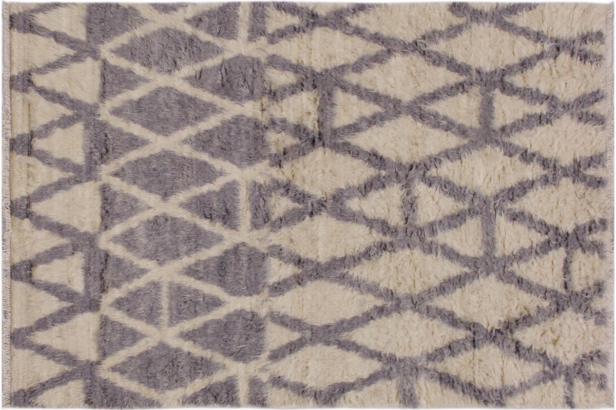 handmade Geometric Moroccan Ivory Grey Hand Knotted RECTANGLE 100% WOOL area rug 4' x 6'