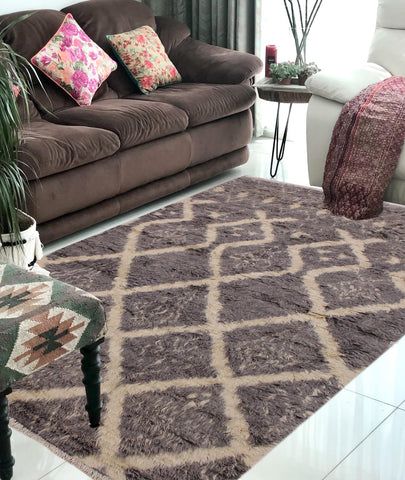 handmade Geometric Moroccan Grey Ivory Hand Knotted RECTANGLE 100% WOOL area rug 5' x 8'