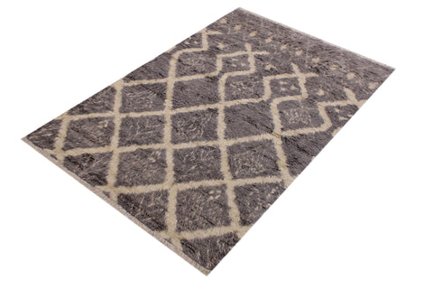 handmade Geometric Moroccan Grey Ivory Hand Knotted RECTANGLE 100% WOOL area rug 5' x 8'