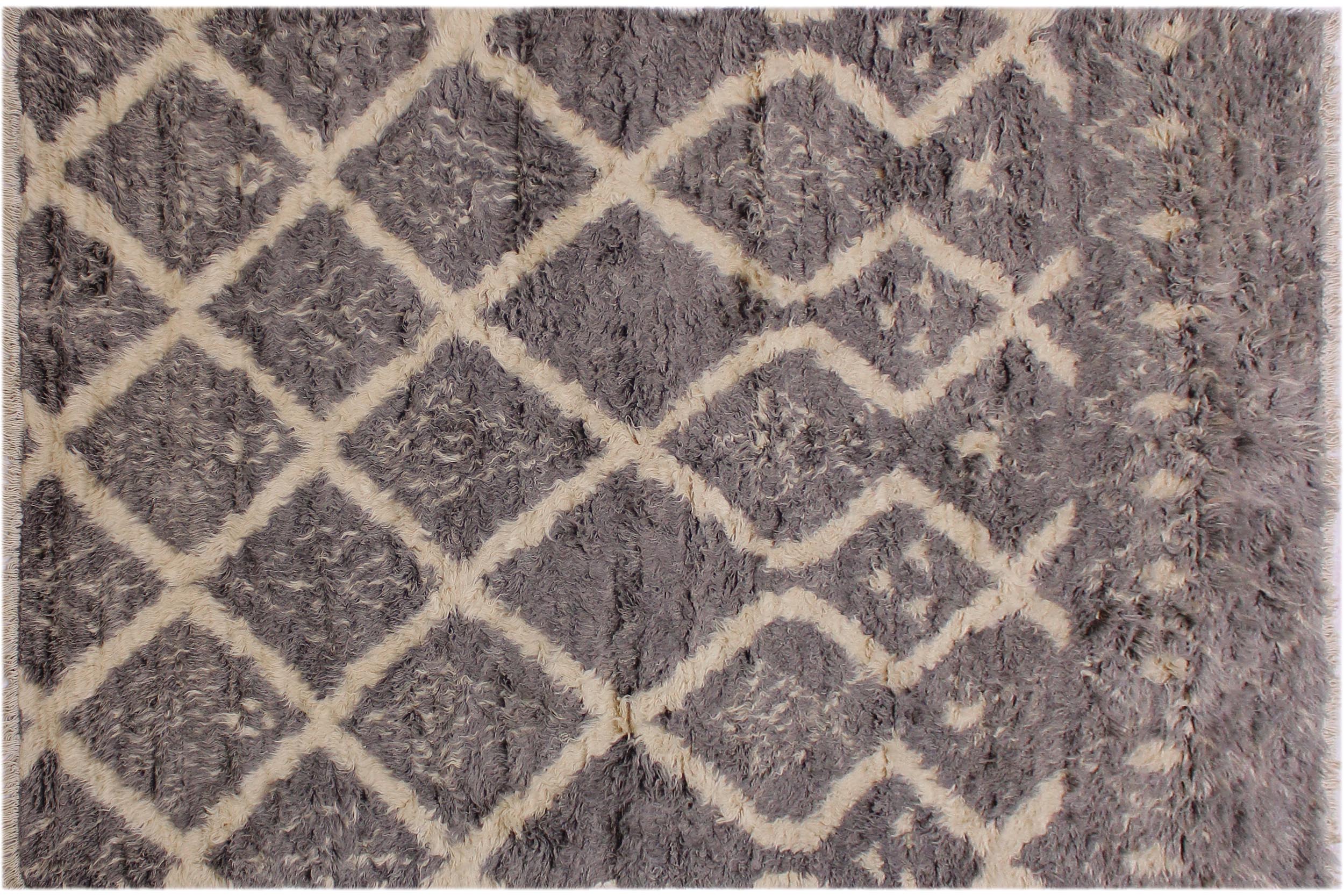 handmade Geometric Moroccan Grey Ivory Hand Knotted RECTANGLE 100% WOOL area rug 5' x 8'