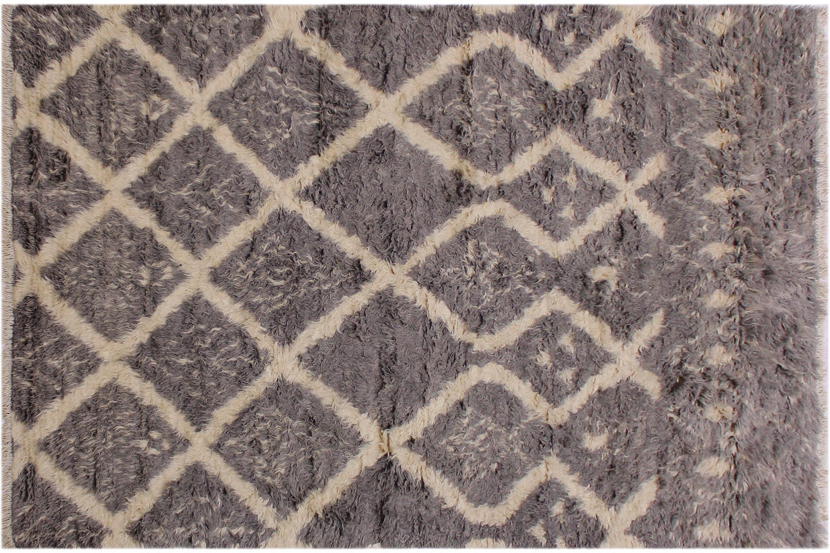 handmade Geometric Moroccan Grey Ivory Hand Knotted RECTANGLE 100% WOOL area rug 5' x 8'