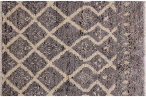 handmade Geometric Moroccan Grey Ivory Hand Knotted RECTANGLE 100% WOOL area rug 5' x 8'