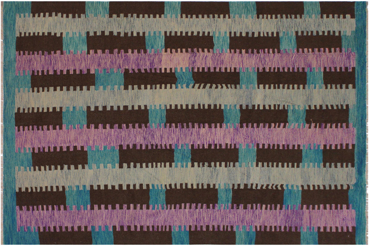 handmade Modern Kilim Teal Brown Hand-Woven RECTANGLE 100% WOOL area rug 9 x 10