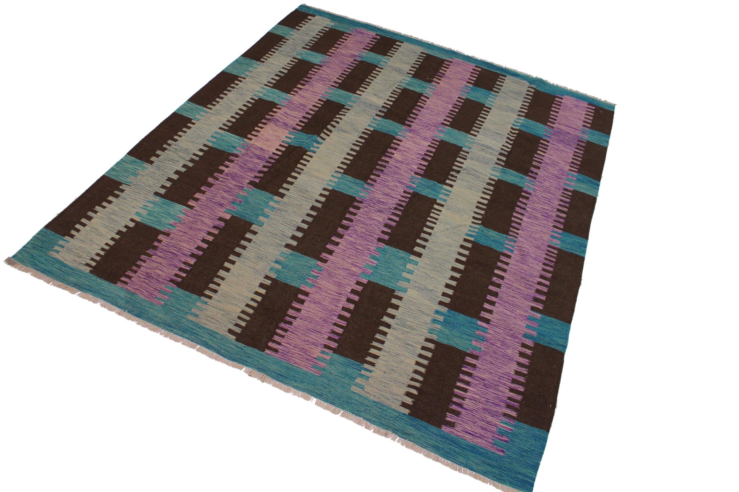 handmade Modern Kilim Teal Brown Hand-Woven RECTANGLE 100% WOOL area rug 9 x 10