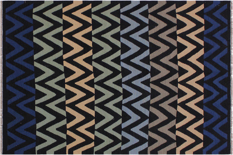 handmade Modern Kilim Black Blue Hand-Woven RECTANGLE 100% WOOL area rug 5x7