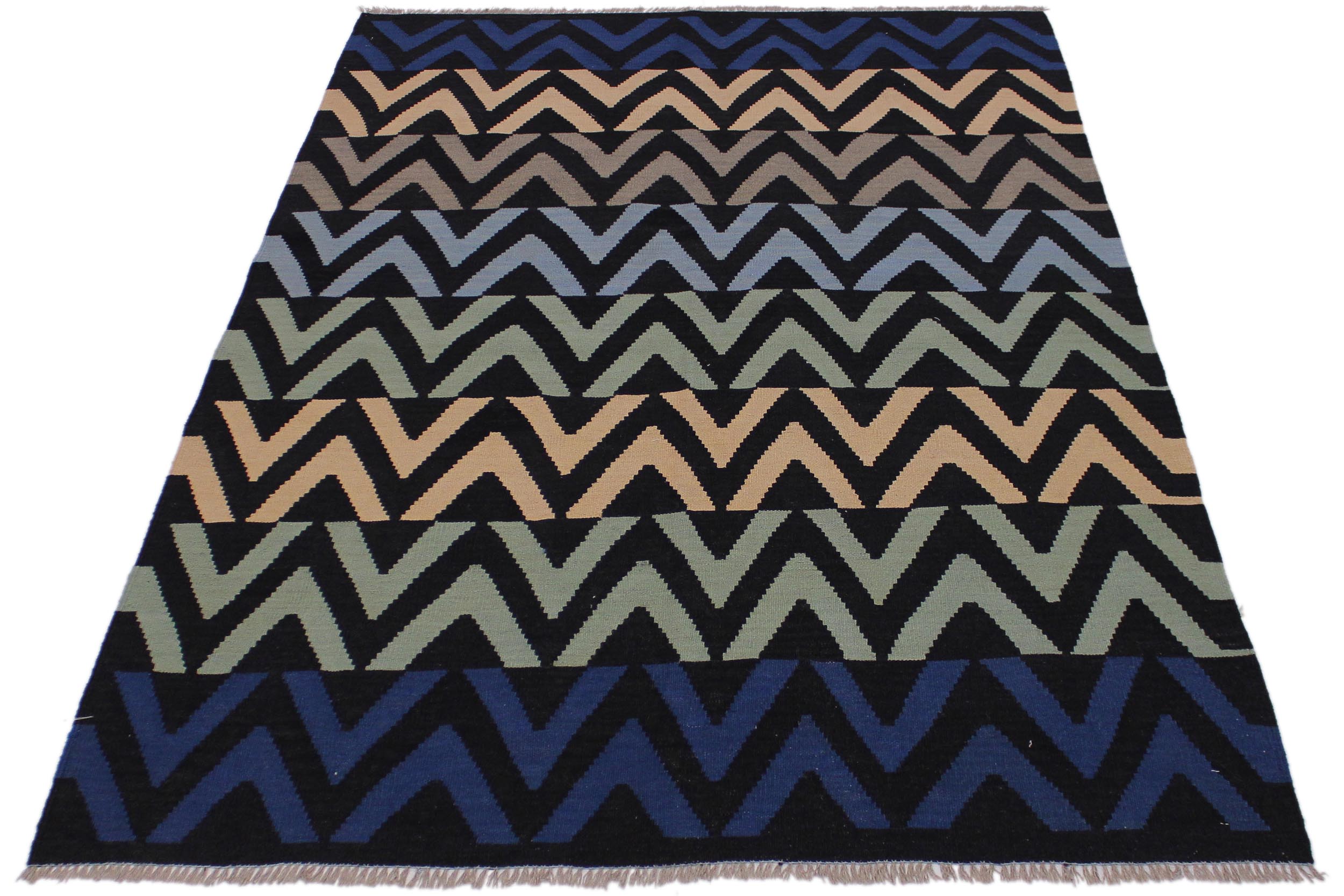 handmade Modern Kilim Black Blue Hand-Woven RECTANGLE 100% WOOL area rug 5x7
