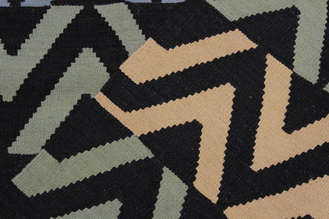 handmade Modern Kilim Black Blue Hand-Woven RECTANGLE 100% WOOL area rug 5x7