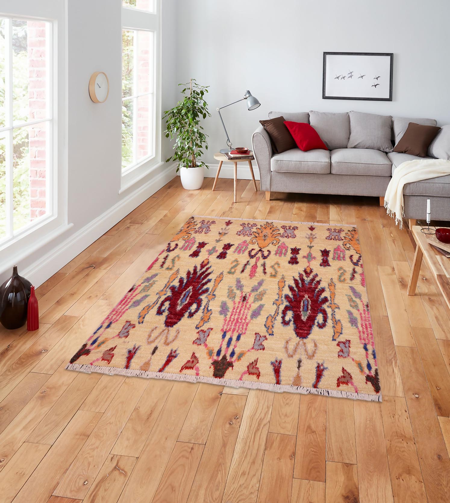 handmade Geometric Moroccan Lt. Gold Red Hand Knotted RECTANGLE 100% WOOL area rug 5' x 7'