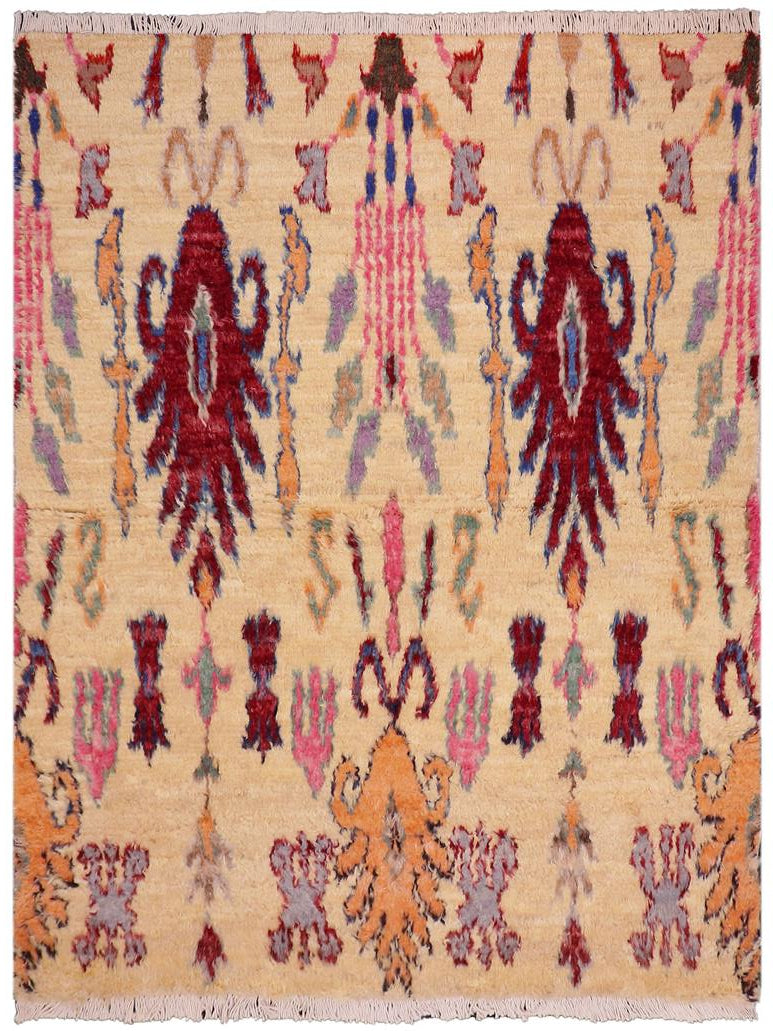 handmade Modern Moroccan Lt. Gold Red Hand Knotted RECTANGLE 100% WOOL area rug 5x7