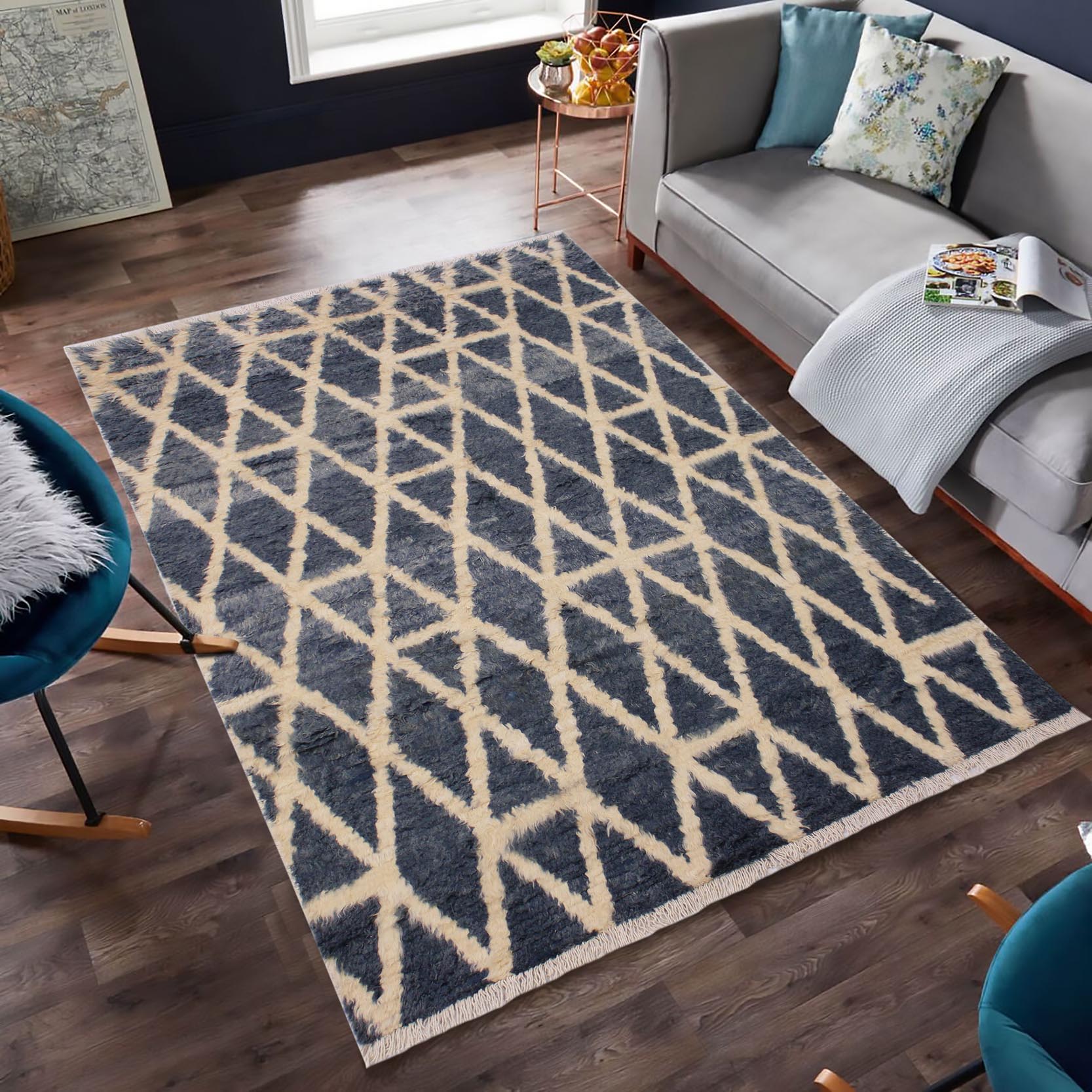 handmade Geometric Moroccan Grey Ivory Hand Knotted RECTANGLE 100% WOOL area rug 5' x 8'
