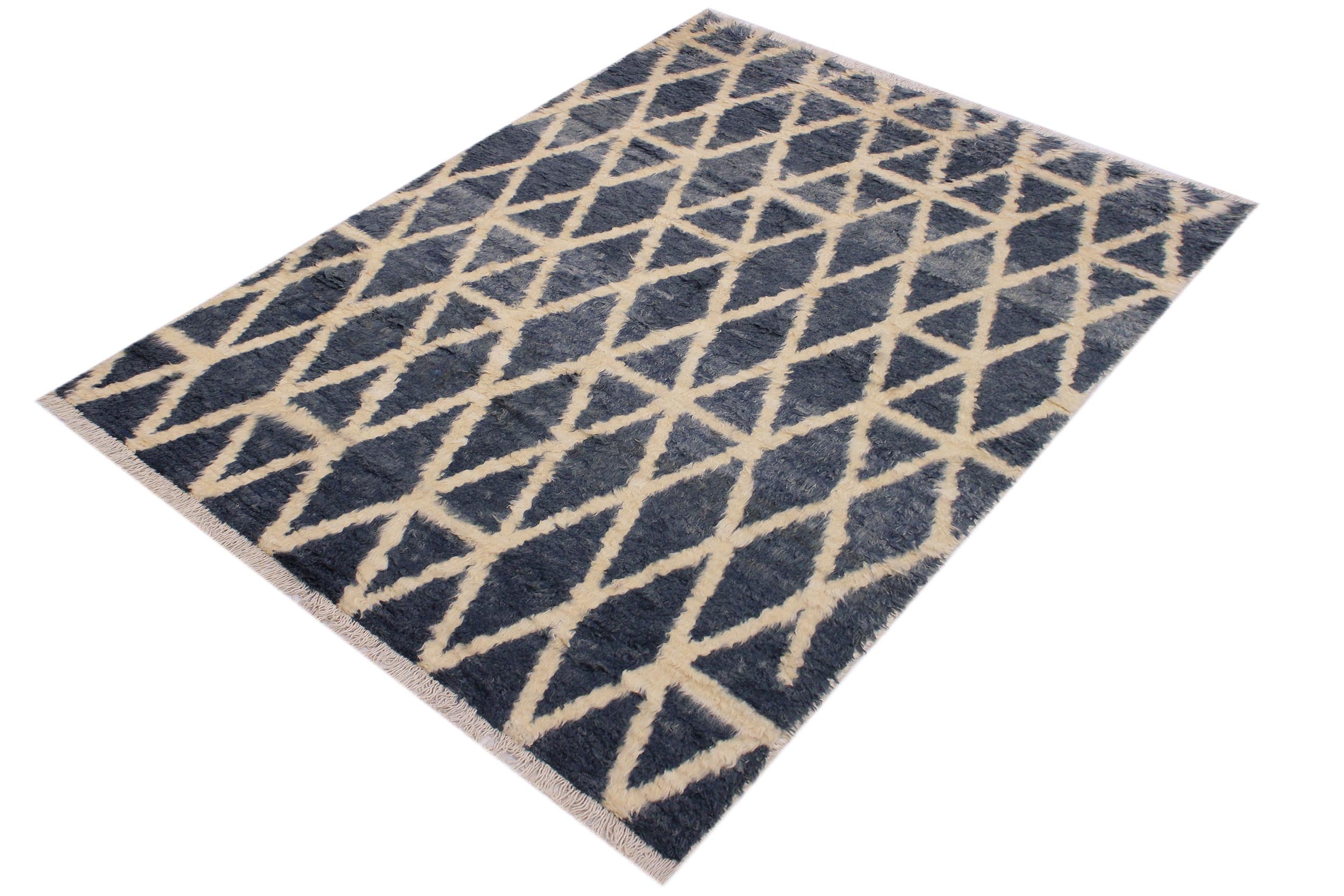 handmade Geometric Moroccan Grey Ivory Hand Knotted RECTANGLE 100% WOOL area rug 5' x 8'