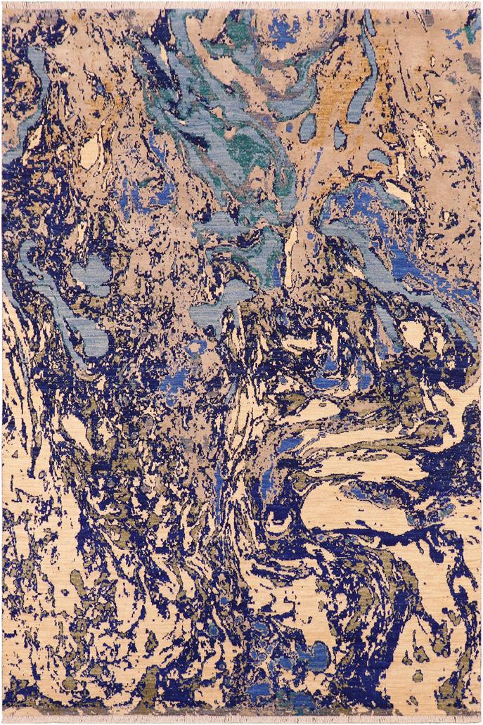 handmade Modern Kafkaz Blue Beige Hand Knotted RECTANGLE WOOL&SILK area rug 8X10