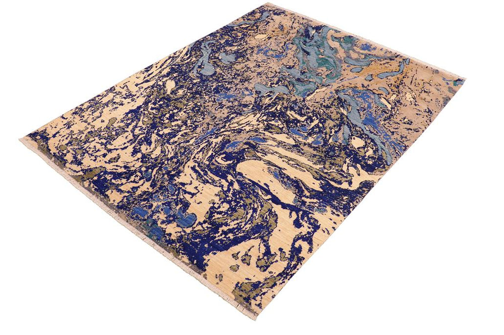 handmade Modern Kafkaz Blue Beige Hand Knotted RECTANGLE WOOL&SILK area rug 8X10