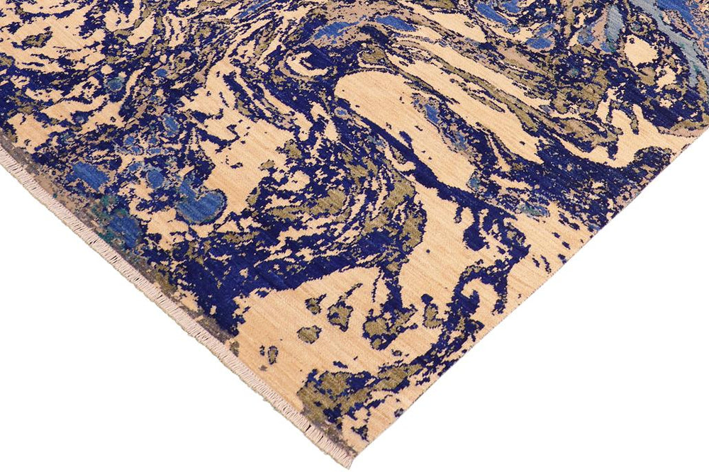 handmade Modern Kafkaz Blue Beige Hand Knotted RECTANGLE WOOL&SILK area rug 8X10