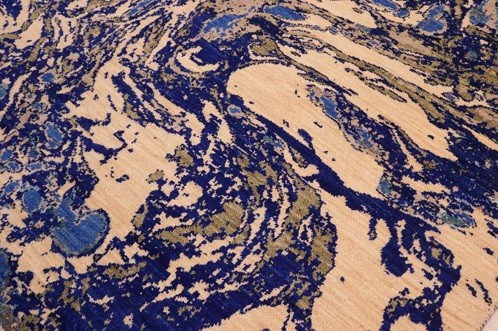 handmade Modern Kafkaz Blue Beige Hand Knotted RECTANGLE WOOL&SILK area rug 8X10