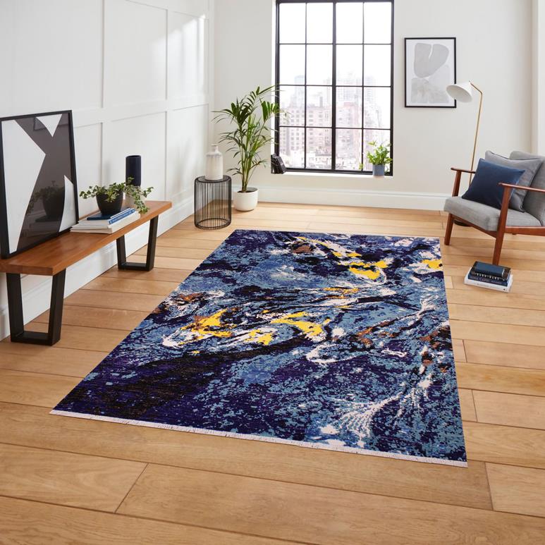 handmade Modern Kafkaz Blue Ivory Hand Knotted RECTANGLE WOOL&SILK area rug 6X9