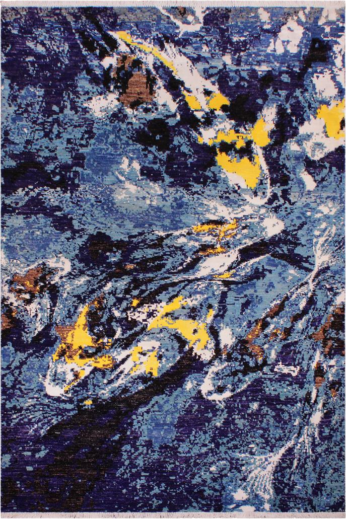 handmade Modern Kafkaz Blue Ivory Hand Knotted RECTANGLE WOOL&SILK area rug 6X9